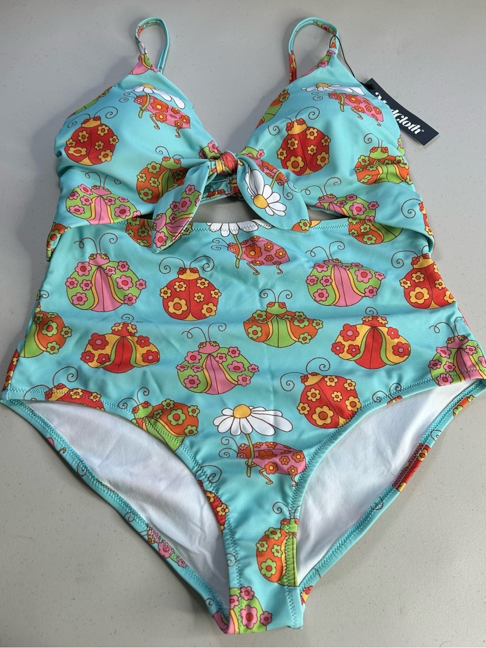 ModCloth Kids Large The Siena One-Piece Swimsuit Blue Floral Tie Front Ladybug